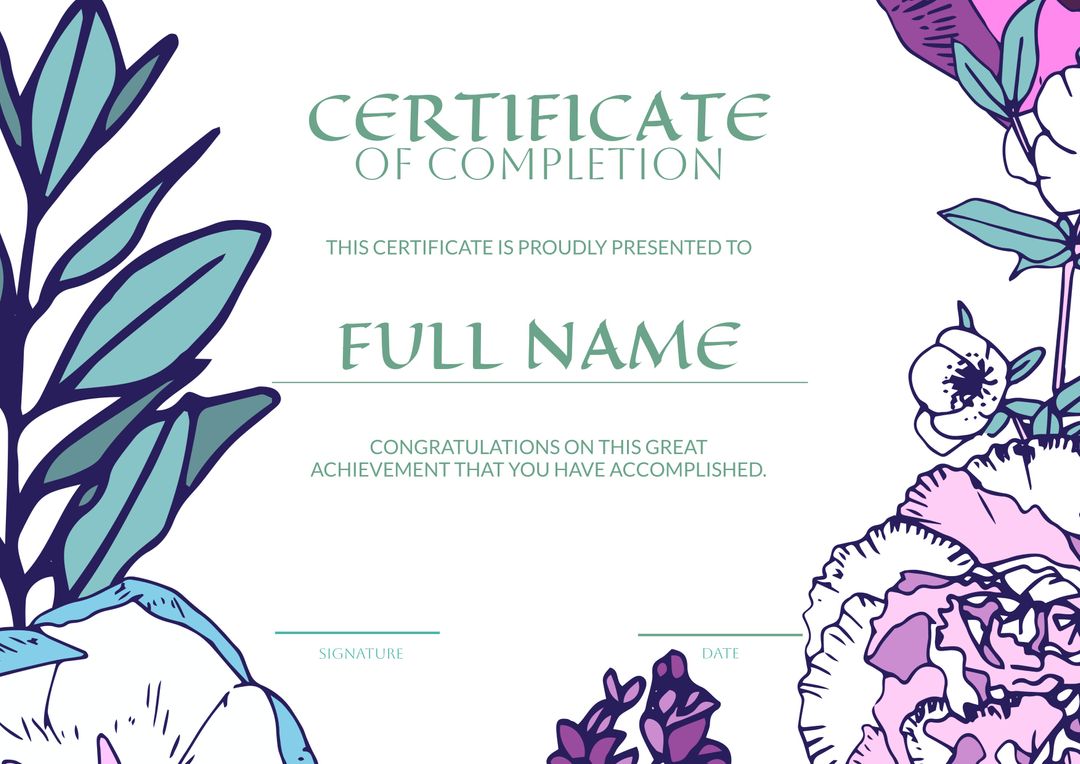 Certificate of Completion with Elegant Floral Background - Download Free Stock Templates Pikwizard.com