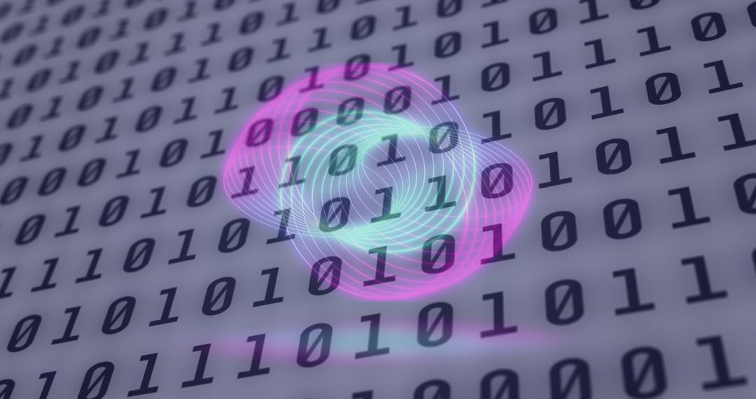 Neon circles overlaying binary code digital screen
