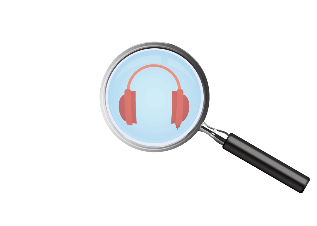 Headphones Viewed Through Magnifying Glass on Transparent Background