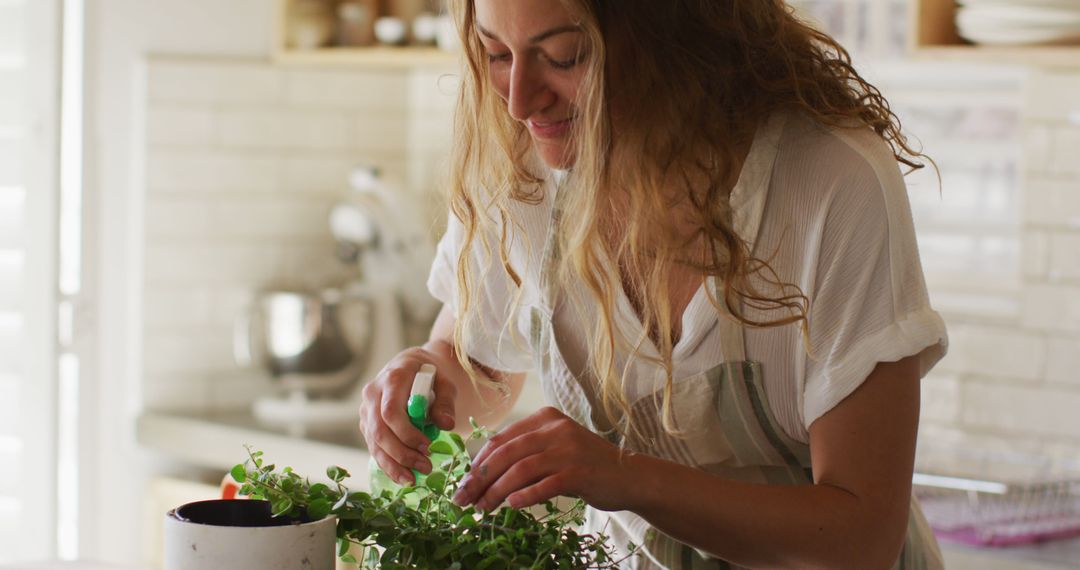 Woman Taking Care of Indoor Plants in Bright Kitchen - Free Images, Stock Photos and Pictures on Pikwizard.com