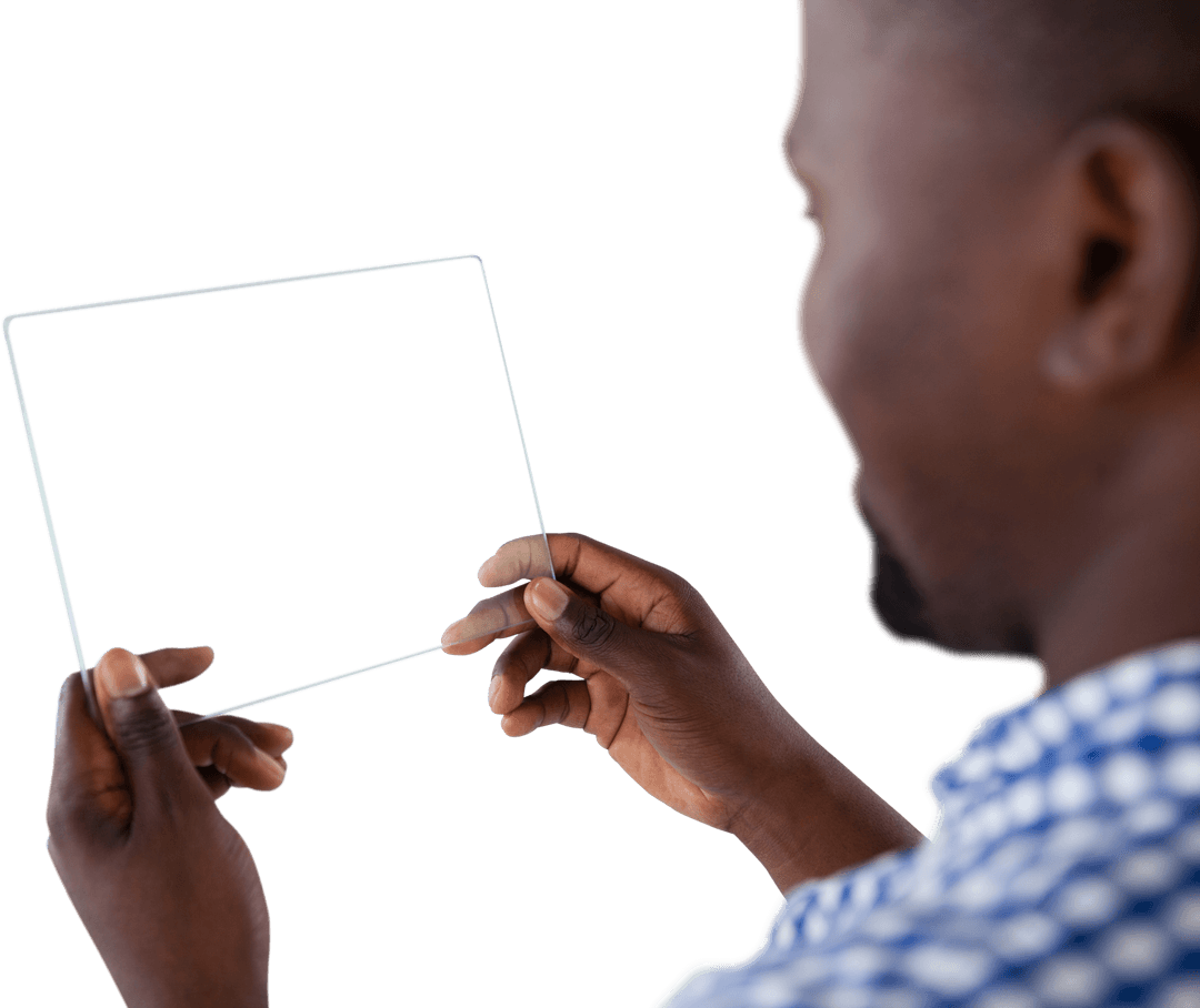 Man Holding Transparent Digital Tablet with White Screen