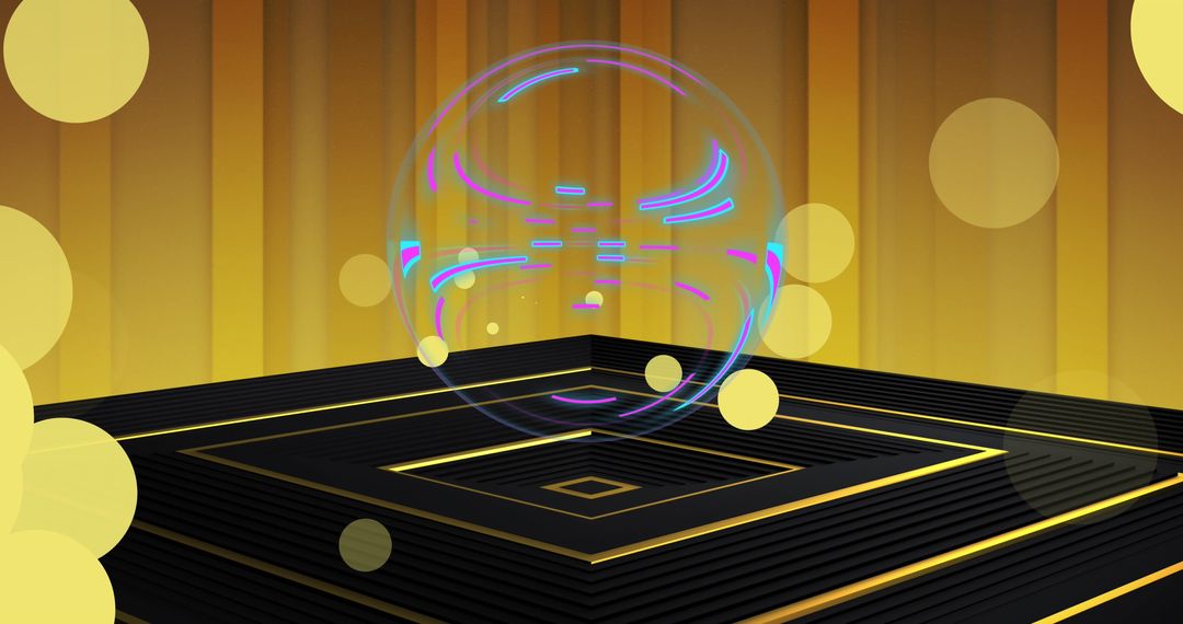 Futuristic Digital Sphere with Neon Effects on Black and Gold Background