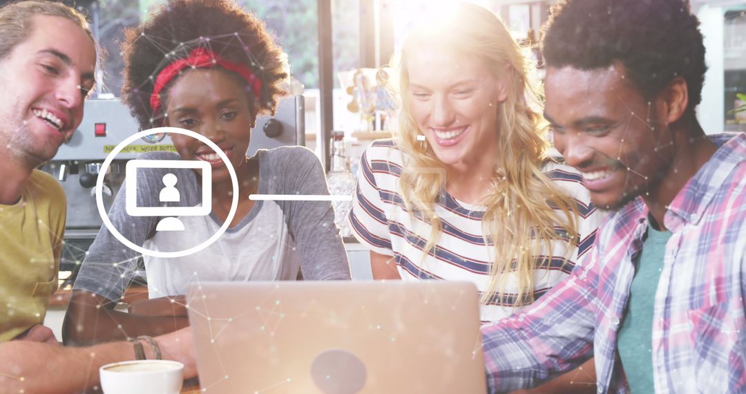 Diverse Friends Enjoying Digital Technology with Overlay Graphic