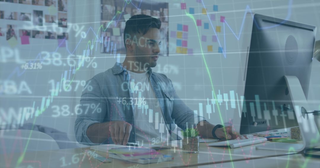 Student Analyzing Financial Data On Computer With Graph Overlay