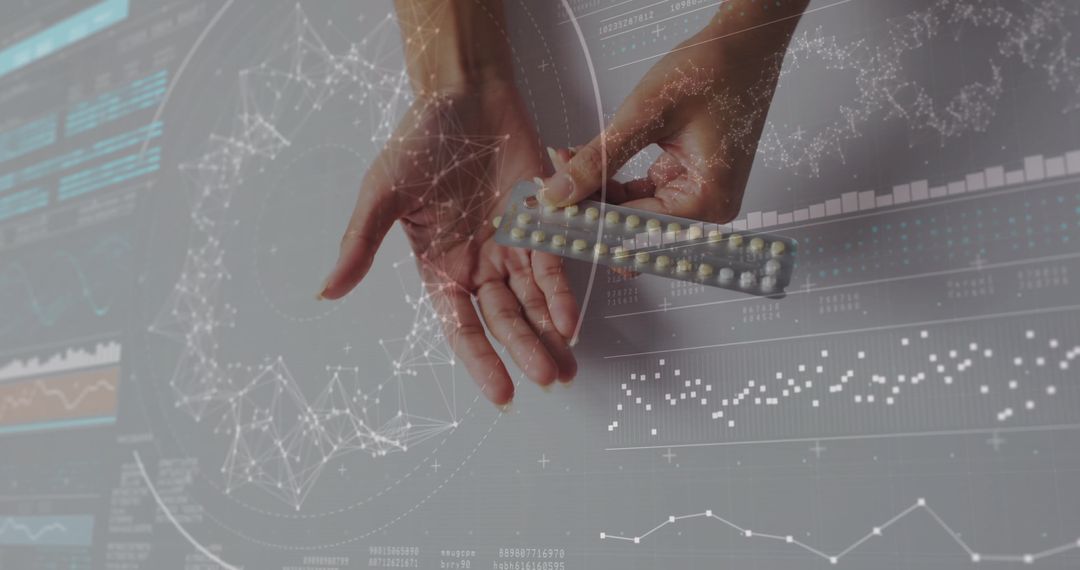 Hands Holding Pills with Digital Data Interface in Laboratory