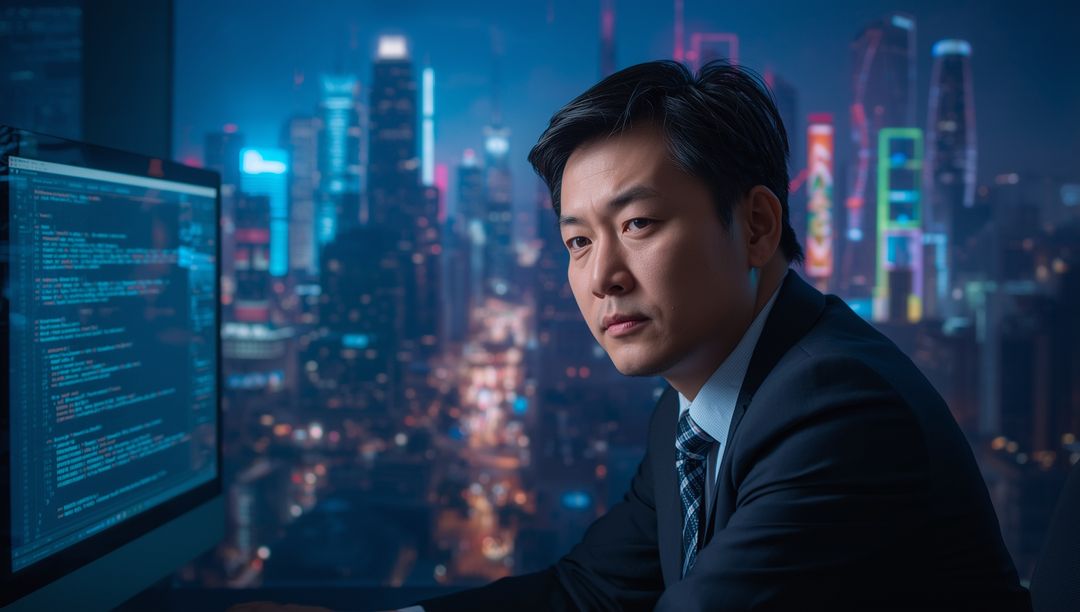 Businessman Analyzing Code at Night with Neon Skyline
