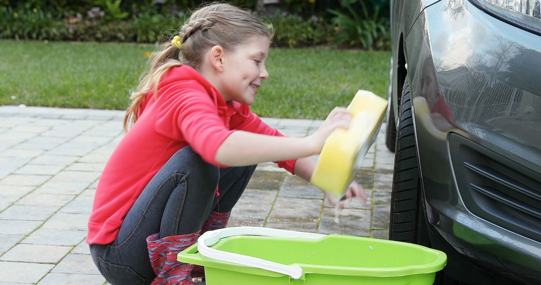 Young Girl Washing Car with Sponge and Bucket Outdoors - Free Images, Stock Photos and Pictures on Pikwizard.com