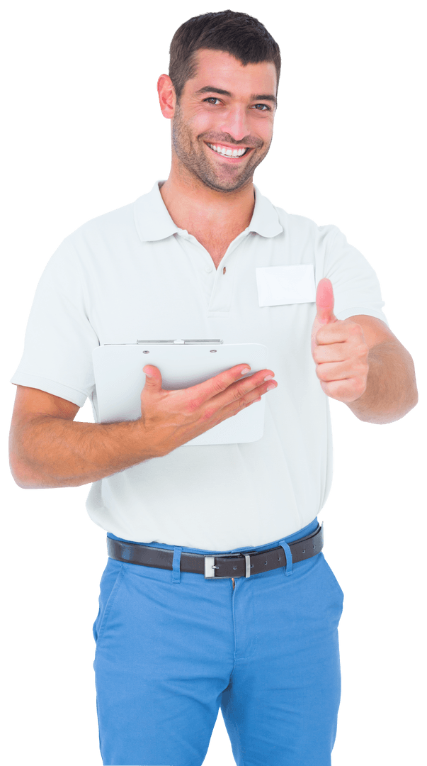 Transparent Background Smiling Man with Clipboard Giving Thumbs Up