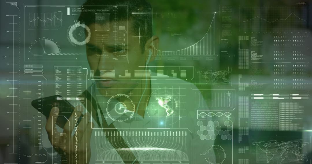 Futuristic Interface with Data Overlaid on Businessman Using Smartphone Outdoors