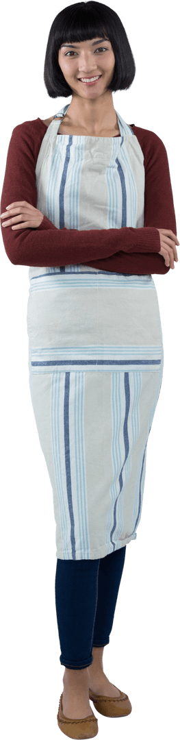 Happy Waitress in Striped Apron on Transparent Background