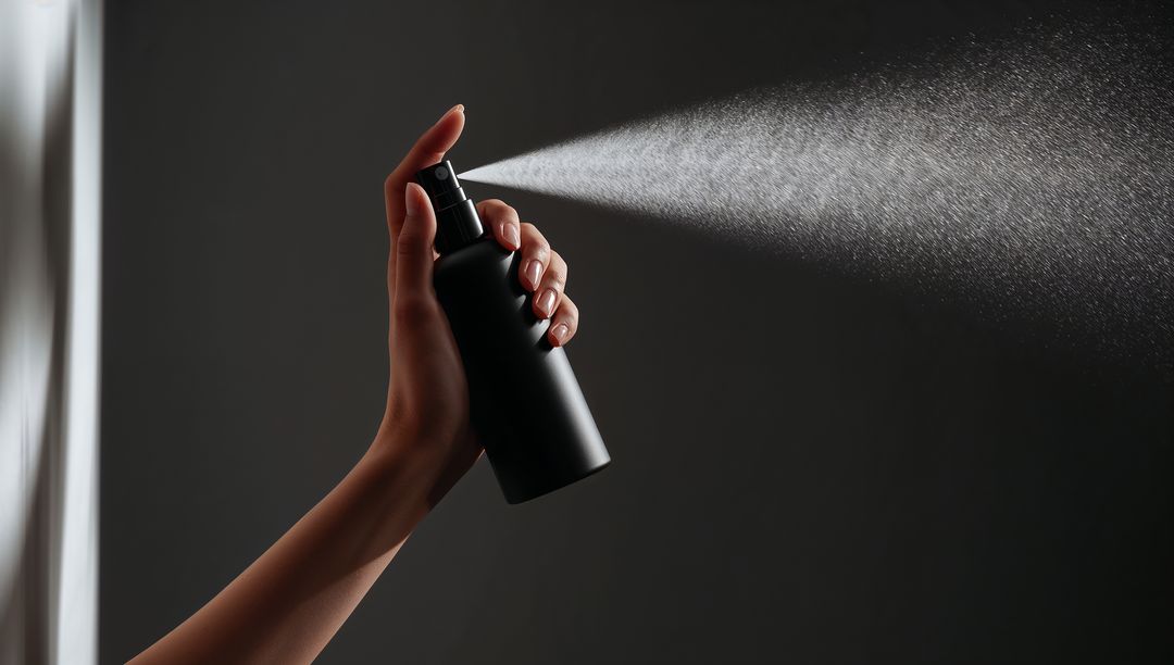 Female Hand Spraying Bottle Creating Elegant Mist in Minimal Setting
