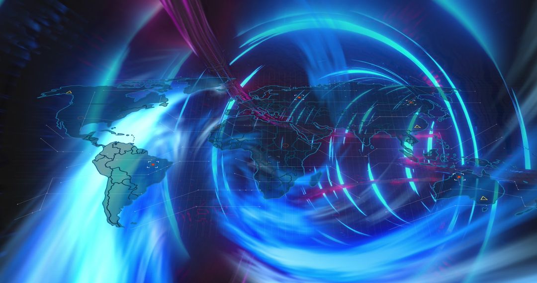 Futuristic Digital World Map with Swirling Light Effects