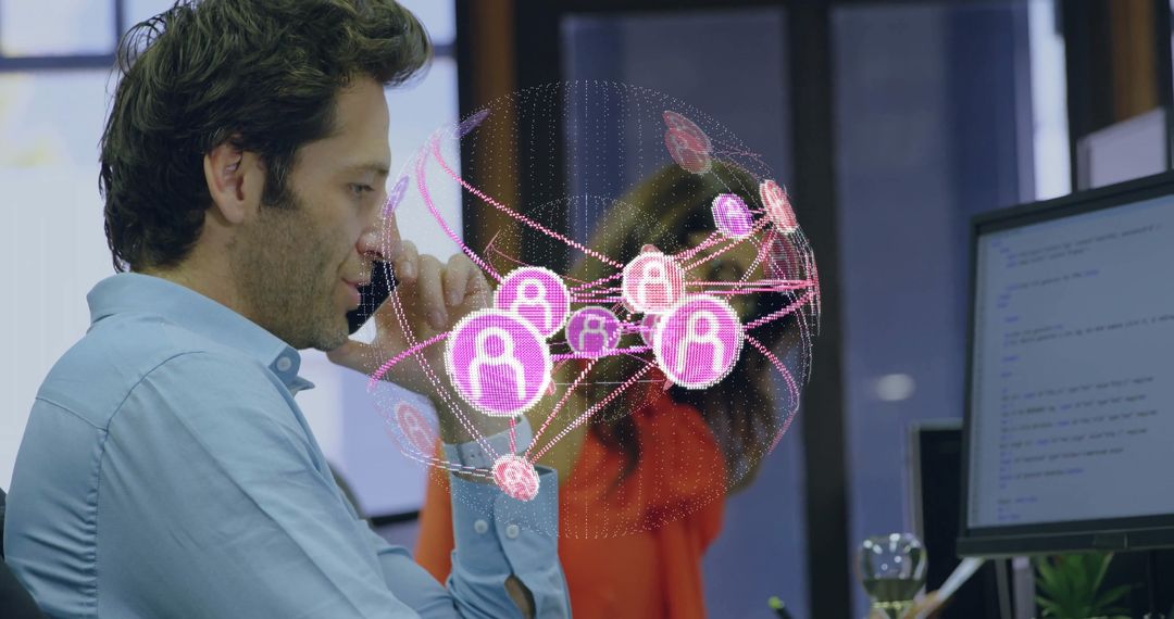 Man Engaging with Holographic Network in Modern Workspace