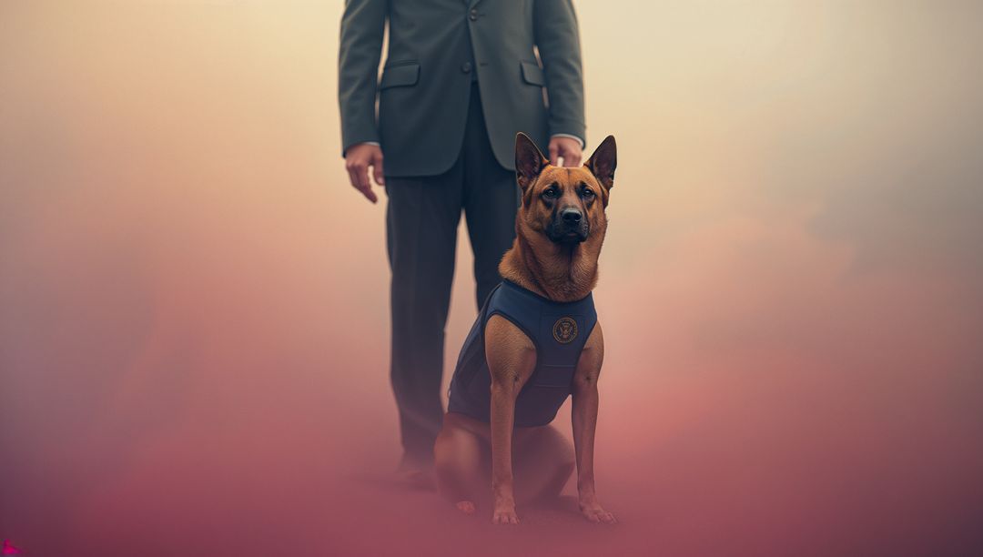 Malinois Dog with Handler in Uniform on Misty Background