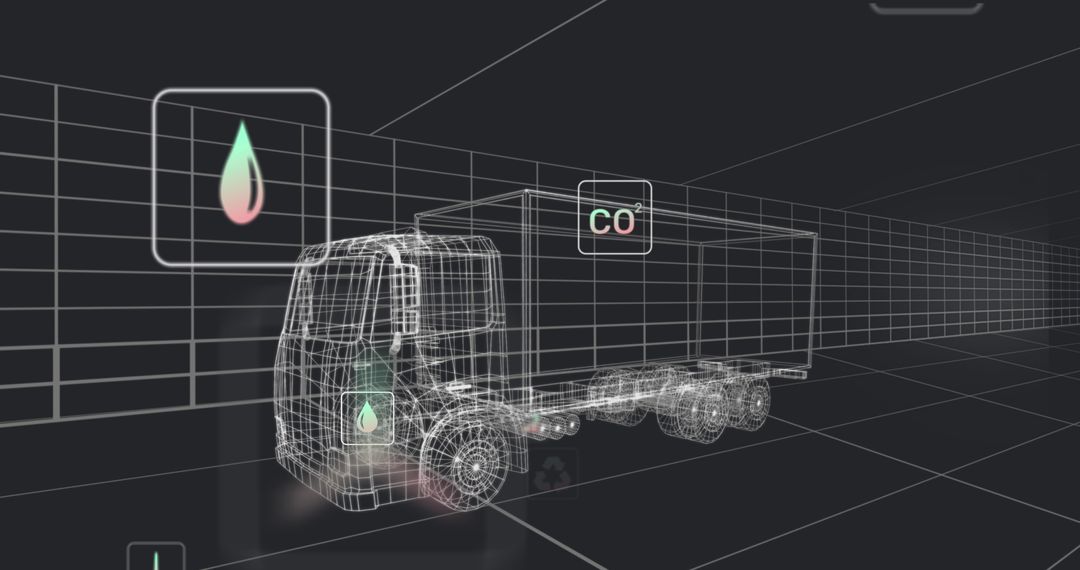 Wireframe Semi Truck in Digital Grid Simulation