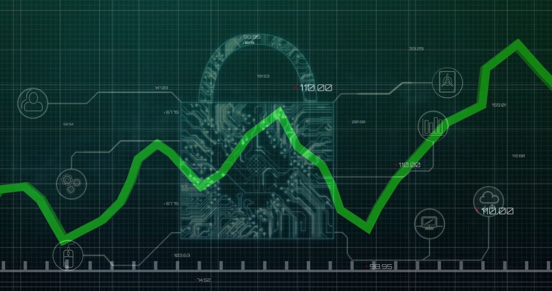 Circuit Board Padlock with Line Graph and Data Analytics Icons