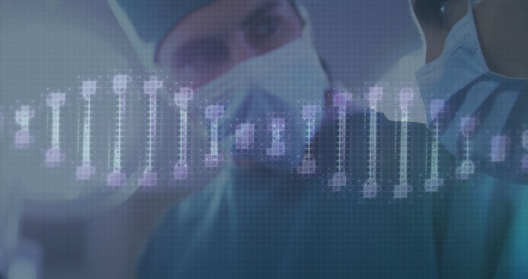 Doctors Examining Digital DNA Interface with Face Masks in Medical Setting