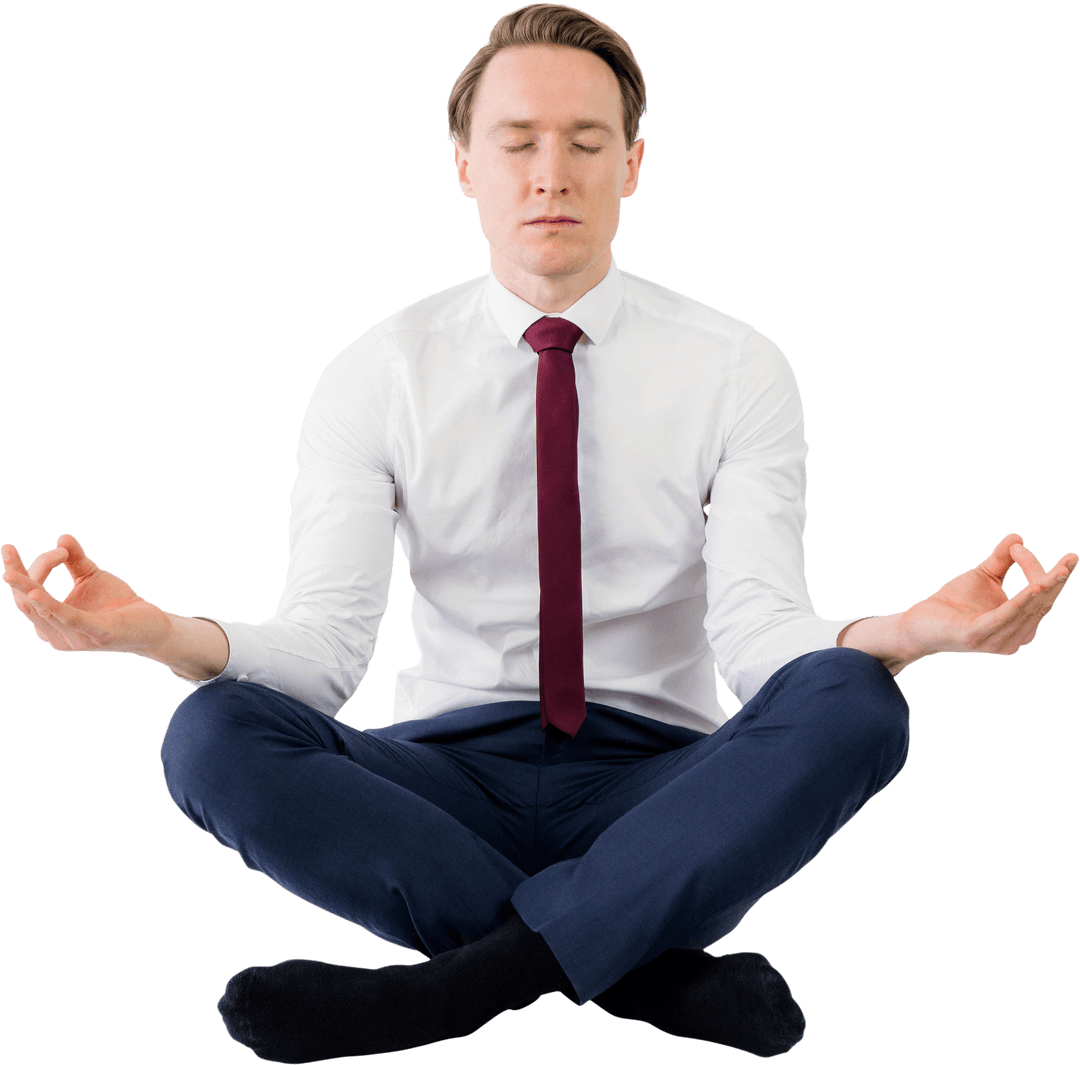 Zen Businessman Meditating in Yoga Pose on Transparent Background