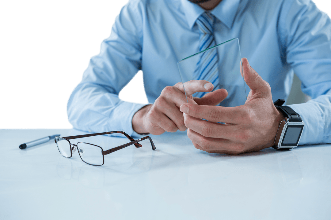 Businessman Holding Transparent Glass Panel with Glasses and Pen