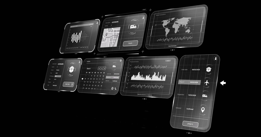 Futuristic Data Processing Screens on Black Background