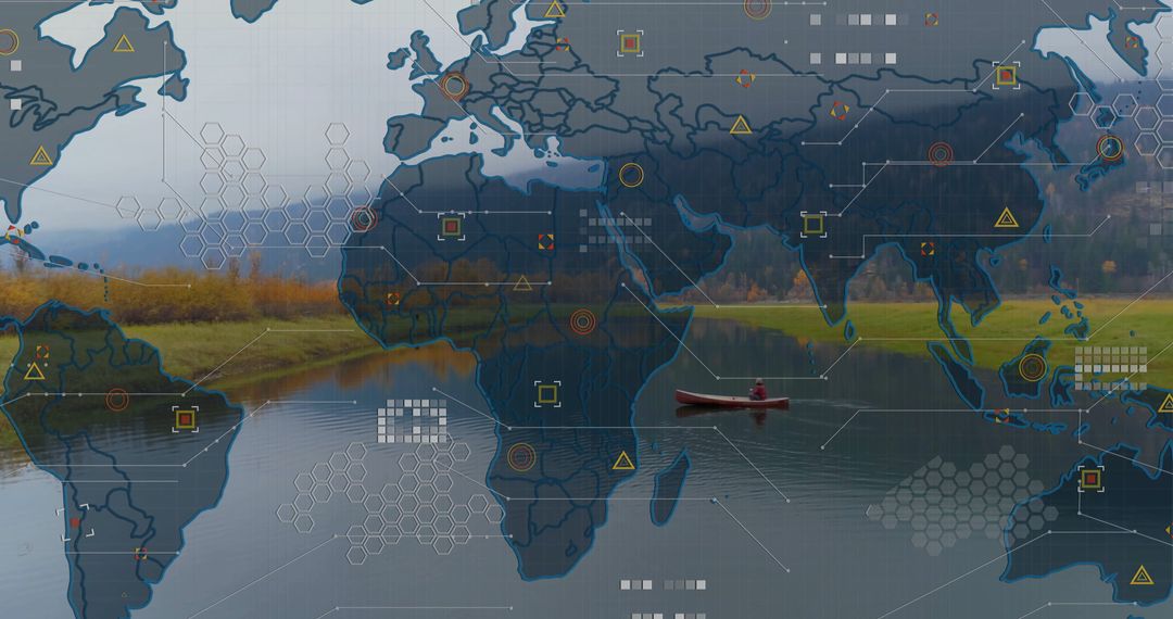 Man Canoeing on Tranquil Lake with World Map Overlay