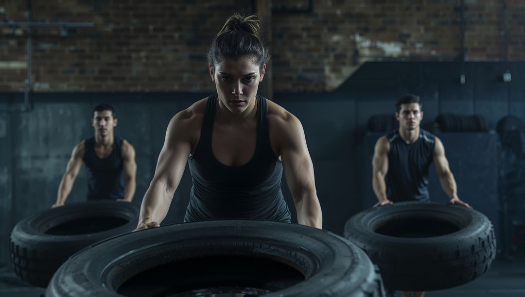 Determined Woman Engaging in Tire Flipping Exercise for Strength Training