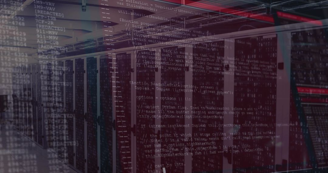 Neon Data Center Aisle with Server Racks, Cabinets, Patch Panels, Ladder and Code Overlay