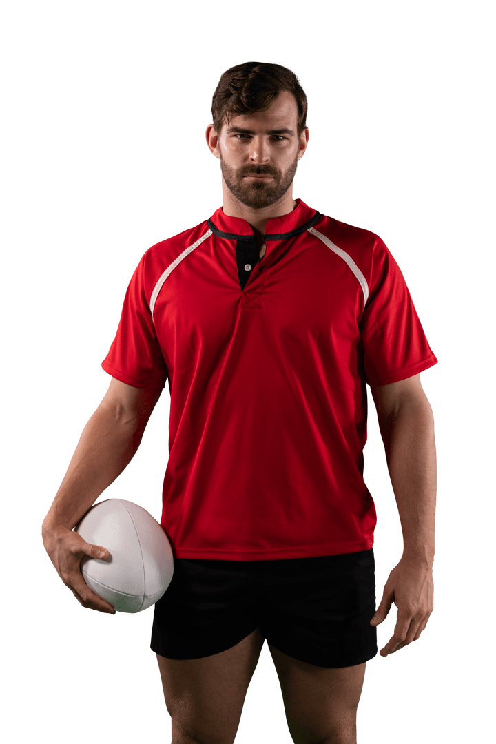 Focused Male Rugby Player Holding Ball on Transparent Background