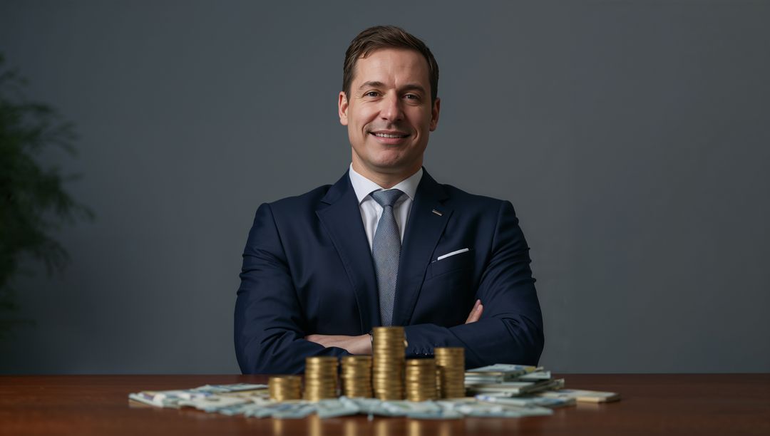 Confident Businessman in Suit Managing Wealth with Gold Coins and Cash