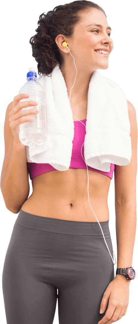 Caucasian Sportswoman Smiling with Towel and Water Bottle