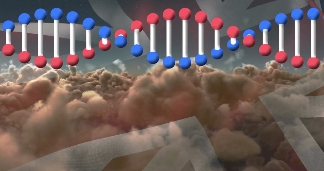 Digitally Generated DNA Chain Overlaid on American Flag and Cloudy Sky