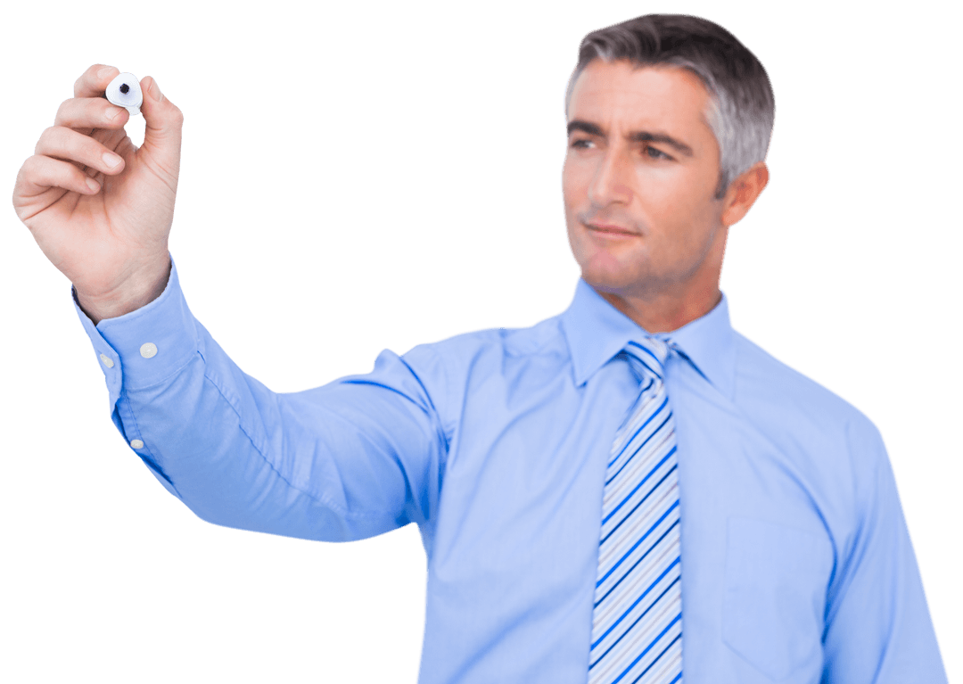 Confident Businessman Writing on Transparent Board