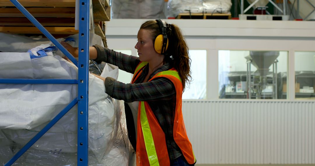 Female Warehouse Worker Organizing Inventory with Protective Gear - Free Images, Stock Photos and Pictures on Pikwizard.com