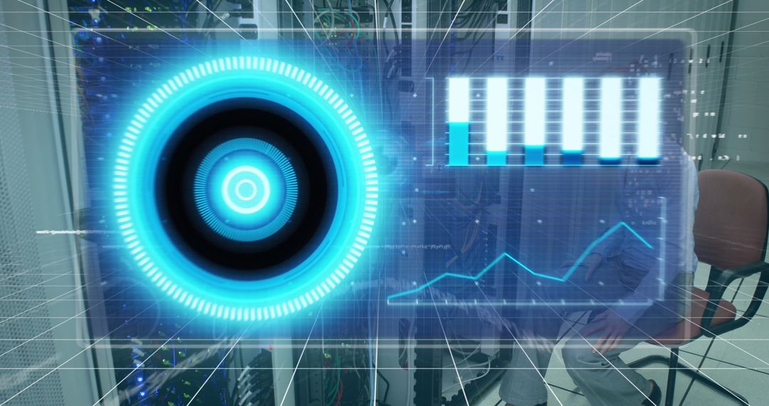 Digital Interface with Futuristic Data Display in Server Room