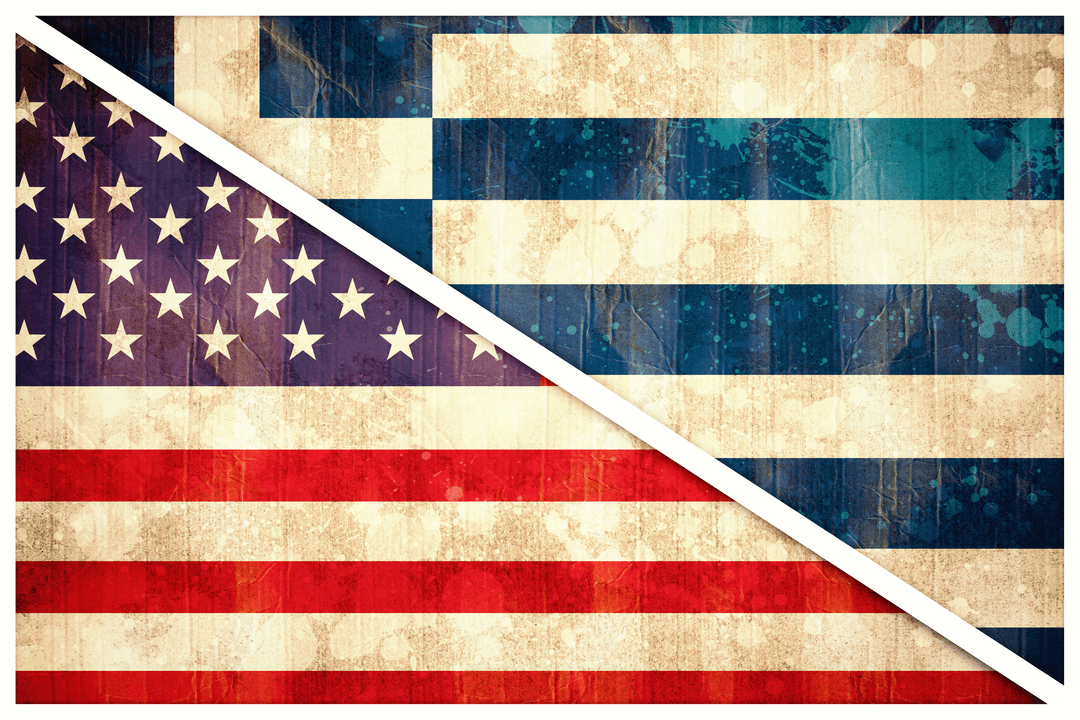 Diagonal Composite of Greek and American Flags on Transparent Background