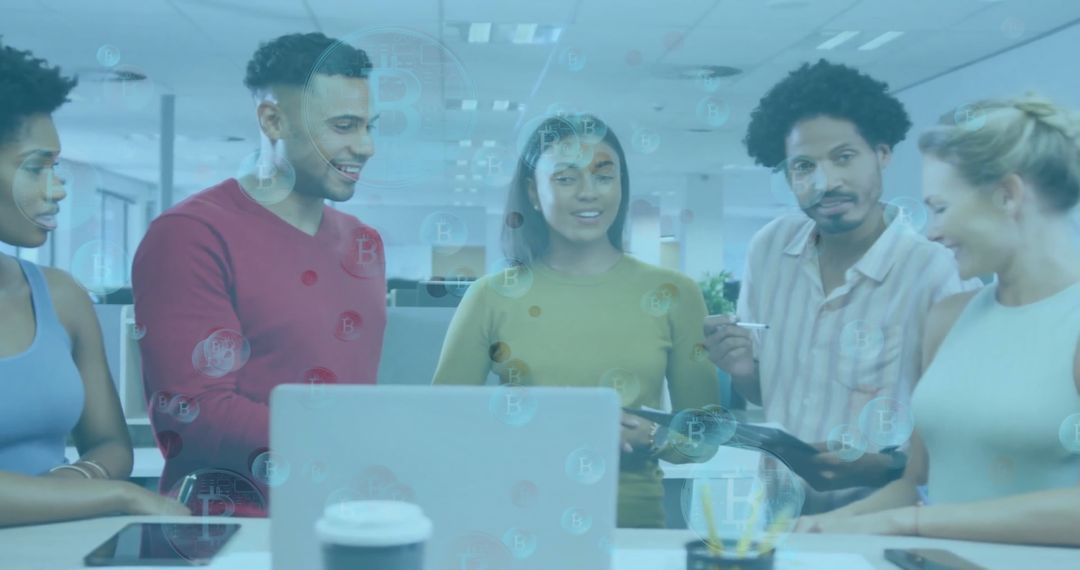 Diverse Team Analyzing Financial Data with Holographic Elements