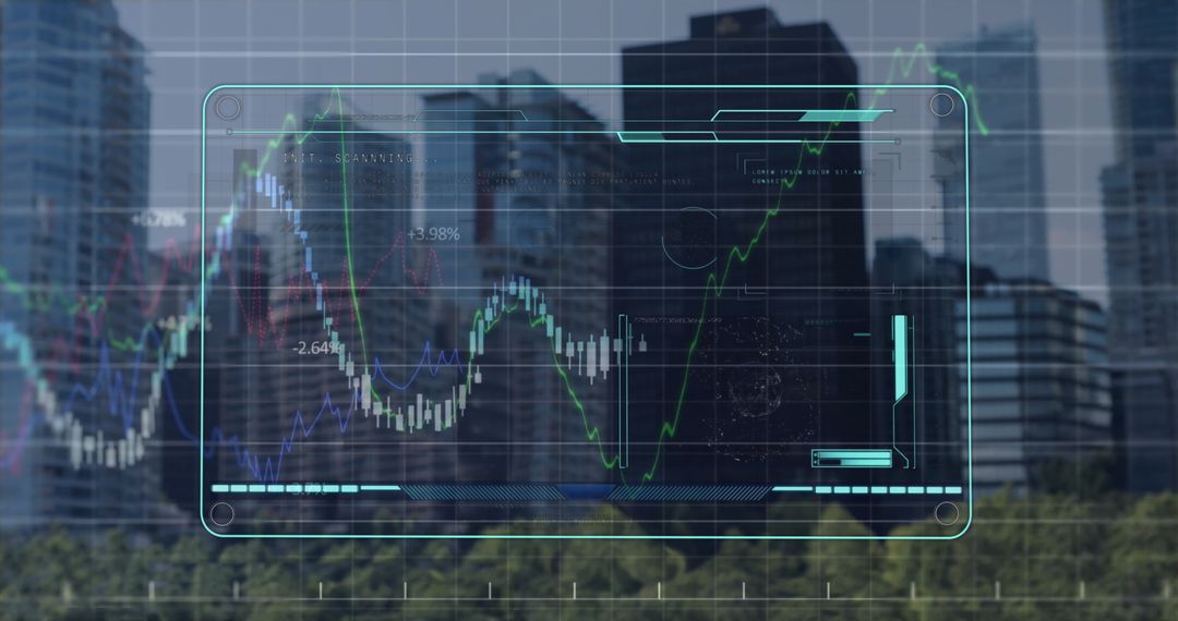 Digital Interface Display Over Urban Skyline for Financial Analytics