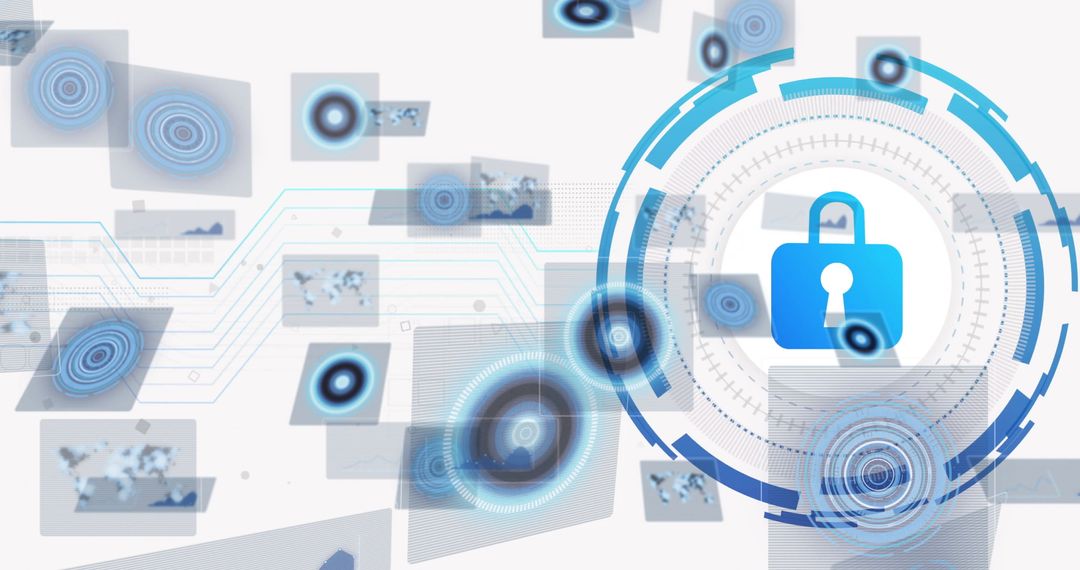 Digital Security Interface with Padlock Icon and Data Panels