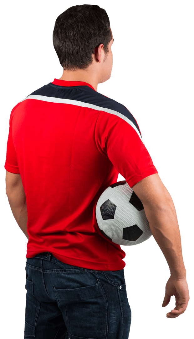 Football Enthusiast in Red Jersey Holding Soccer Ball Transparent Background