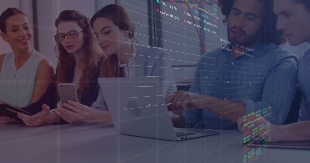 Diverse Team Collaborating with Technology Overlays and Graphs