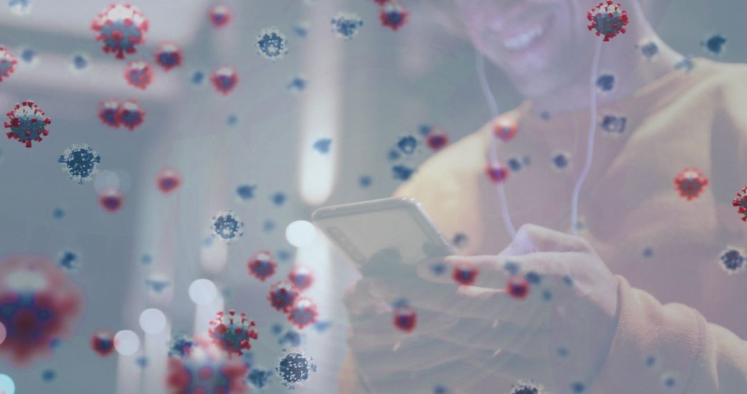 Young Man Using Smartphone with Virus Particles Visualization