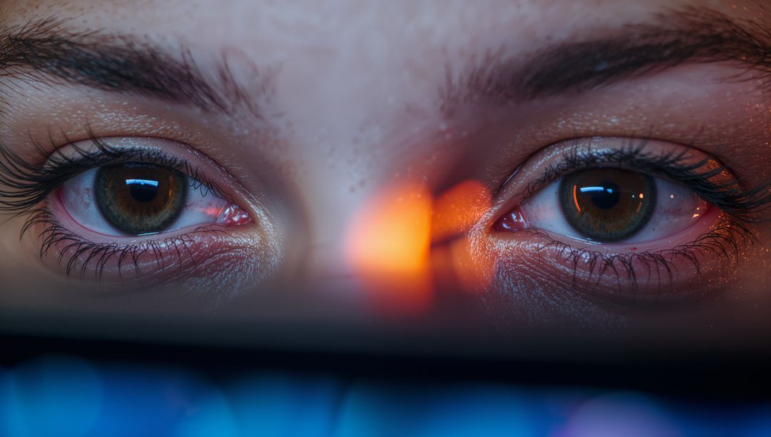 Female-presenting Hazel Eyes Reflecting Warm Orange Bokeh and Cool Monitor Glow Closeup