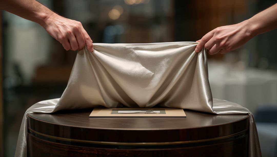 Unveiling satin-draped plaque on pedestal in elegant ballroom with ceremonial pen revealing