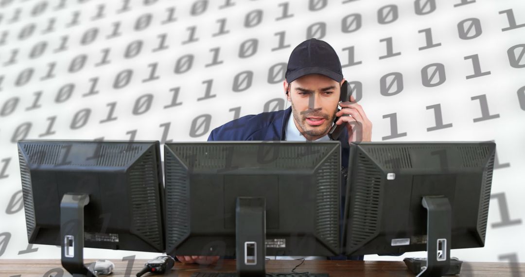Man Managing Multiple Computer Screens Research Project