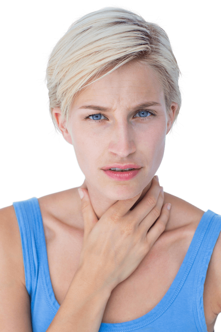 Woman with Transparent Background Experiencing Throat Pain and Discomfort