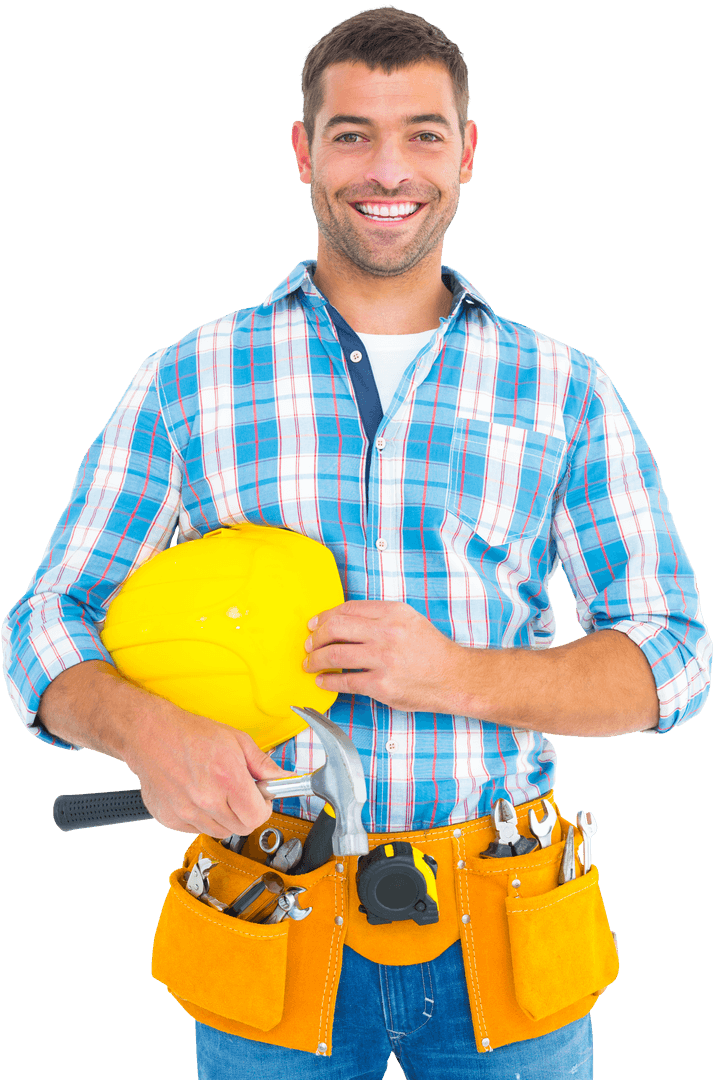 Smiling Handyman Holding Transparent Hardhat With Tool Belt