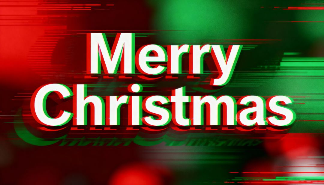 Merry Christmas text displaying red-green glitch, 3D chromatic distortion and anaglyph