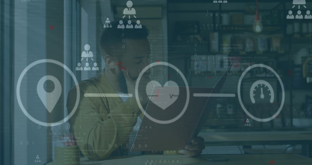 Digital Icons Overlaying Man Browsing Menu in Modern Cafe