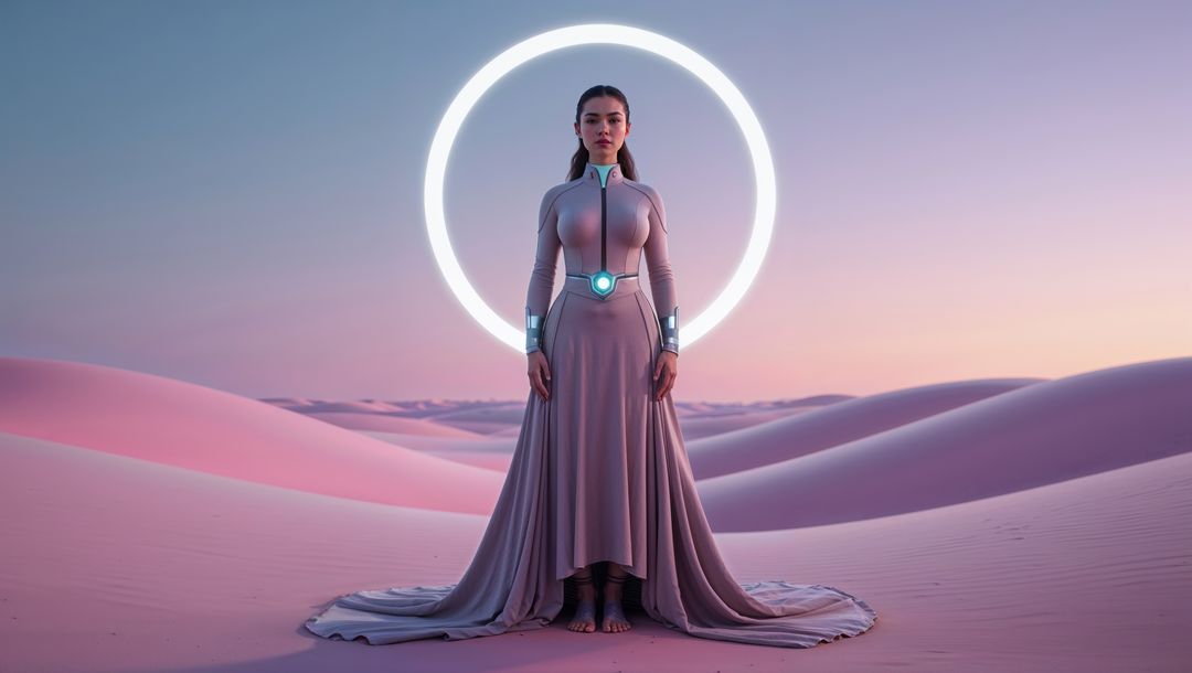 Futuristic Woman in Sci-Fi Gown with Glowing Halo in Desert