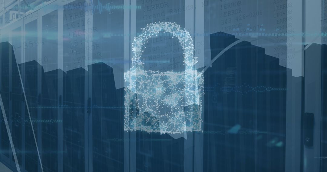 Digital Lock Icon Overlaying Server Room Illustrating Cybersecurity